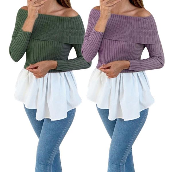 

women's sweaters fashion women off shoulder pullover sweater autumn boat neck long sleeve splicing winter knit femme pull, White;black
