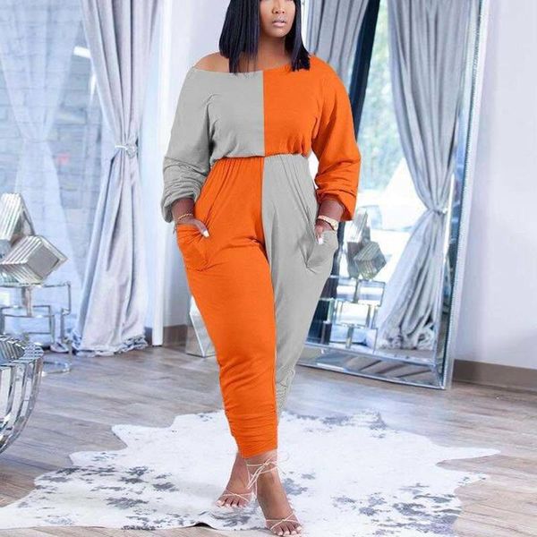 

plus size pants women color block long sleeve casual jumpsuits, Black