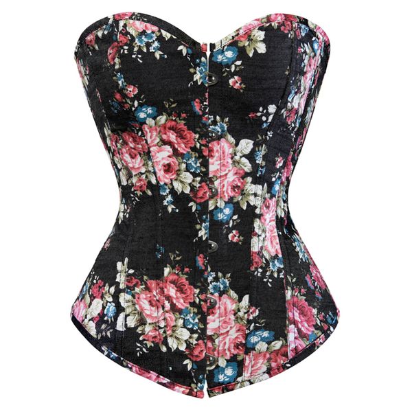 

floral overbust corset lace up boned waist cincher sliming bustier clubwear plus size s-2xl, Black;white