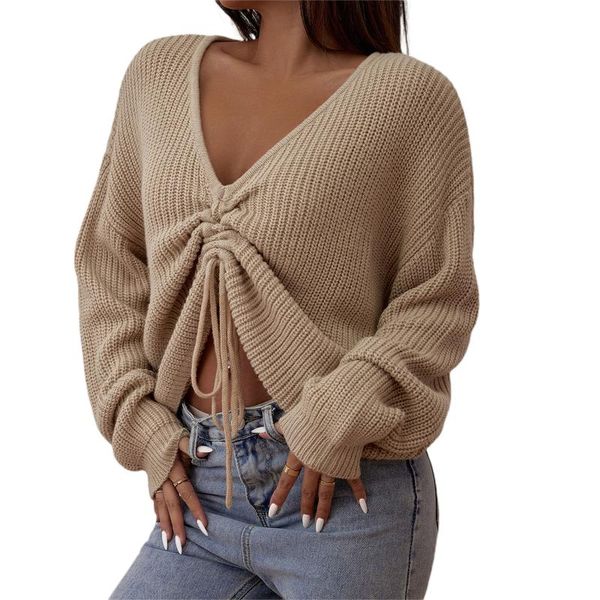 

women's sweaters hirigin sweater front drawstring casual long sleeve v neck loose knit pullover fall clothes for women, White;black