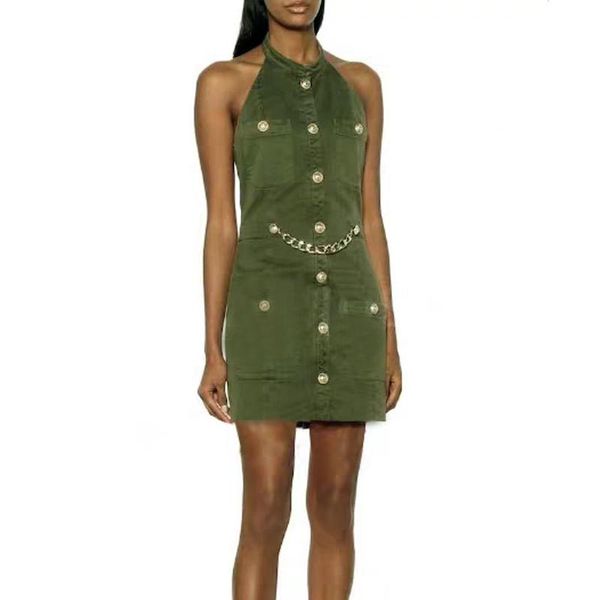 

summer halter dress green 2021 classic gold button buckle chain decoration open back cotton mini slim casual women dresses, Black;gray