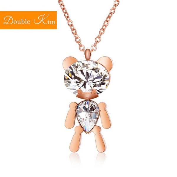 

teddy bear crystal pendant necklace titanium stainless steel inlaid rose gold chain trendy women jewelry gift necklaces, Silver