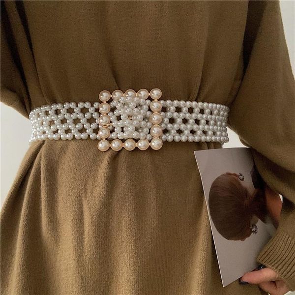 

belts women's runway fashion pearl knitted elastic cummerbunds female dress corsets waistband decoration wide belt r1080, Black;brown