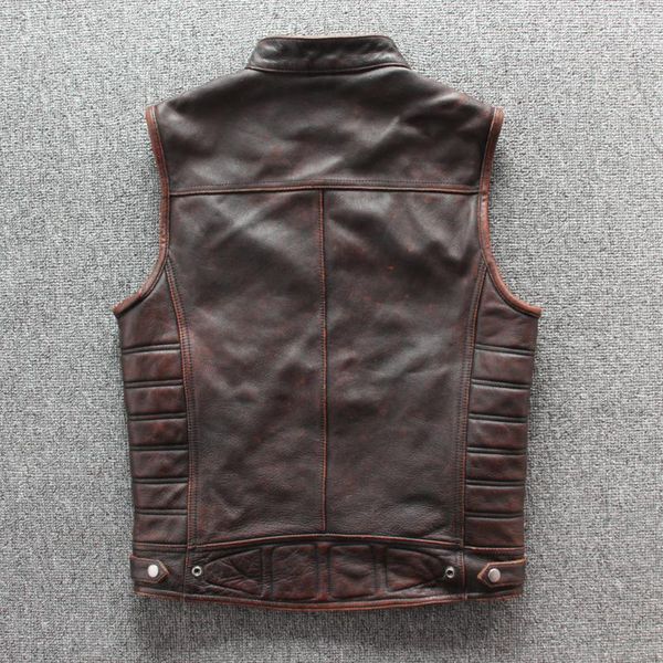 Homens Coletes 2021 Vintage Homens Brown Colete de Couro Motocicleta Plus Size 4XL Genuine Cowhide Primavera Slim Fit Biker's Natural Casaco