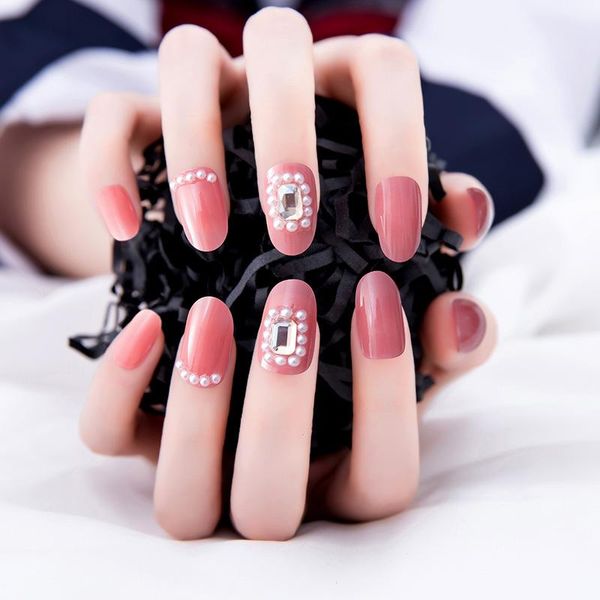 

nail art kits 24pcs pearl patch rhinestone inlaid glue type removable mid length paragraph fashion manicure false