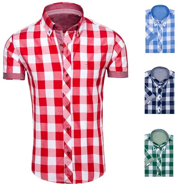 

casual mens shirts 2021 slim turn-down collar short plaid shirt street wear 4 colors men plus size men's, White;black