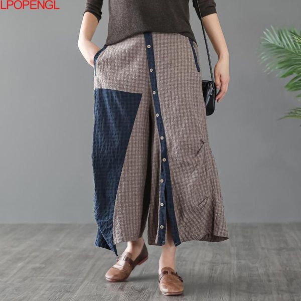 

women's pants & capris 2021 fashion ladies vintage trousers women loose patchwork plaid pantalon cotton linen casual streetwear oversiz, Black;white