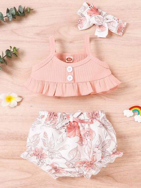 

baby ruffle trim rib knit crop cami & floral print bow front shorts she, White