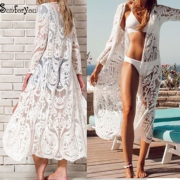 Вышивка сетчатая сетка для купального костюма Покрытие накрытия UPS Kimono Beach Kaftan Sarong Beach Wrap Robe De Plage Bikini Cover Up Beachwear 210317