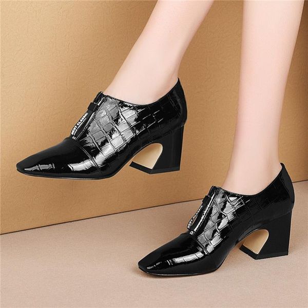 

dress shoes office ladies pumps women genuine leather leisure zipper 2021 spring autumn quality high heels woman, Black