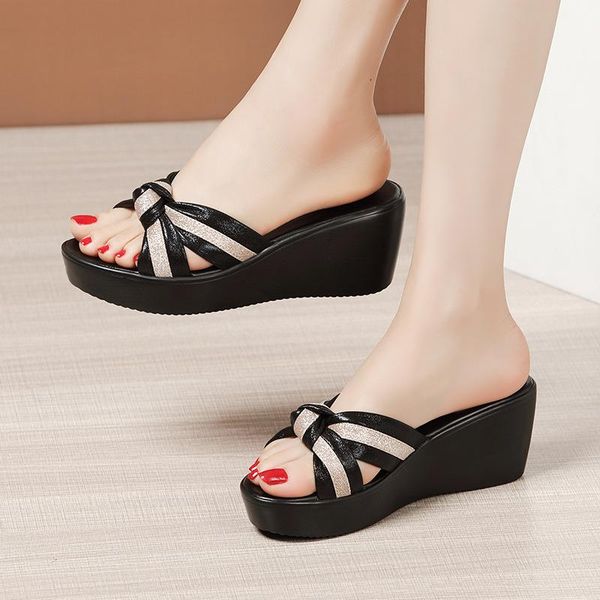 

big size 32-43 platform slippers women summer shoes 2021 fashion stipe open head medium heel wedges slides ladies beach slipper, Black