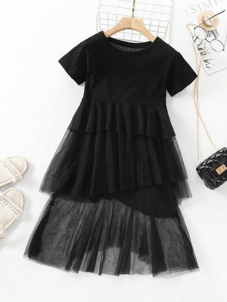 

girls mesh overlay layered hem dress she, Red;yellow