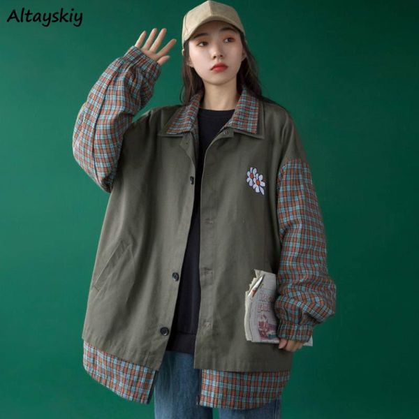 

women's jackets women casual simple plaid hip-hop vintage chic windbreaker patchwork korean style harajuku streetwear trendy womens coa, Black;brown