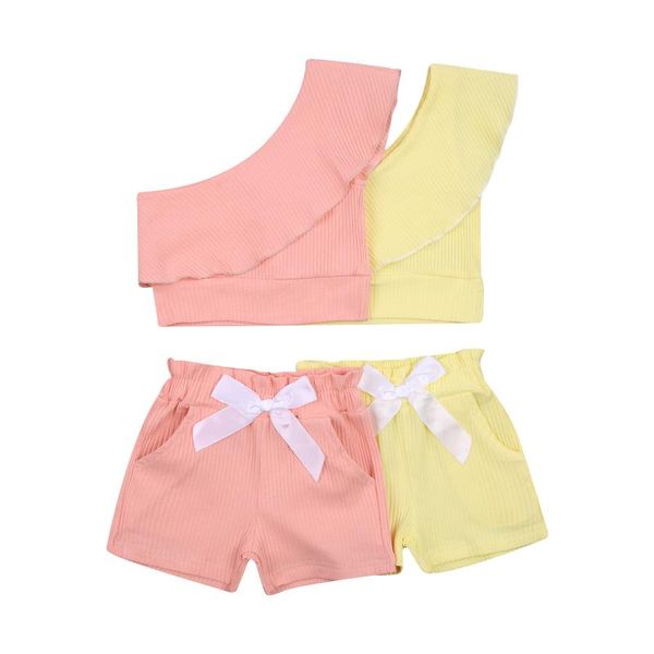 

clothing sets girls off-shoulder pit striped shorts suit, solid color one-shoulder sleeveless pullover + for, White