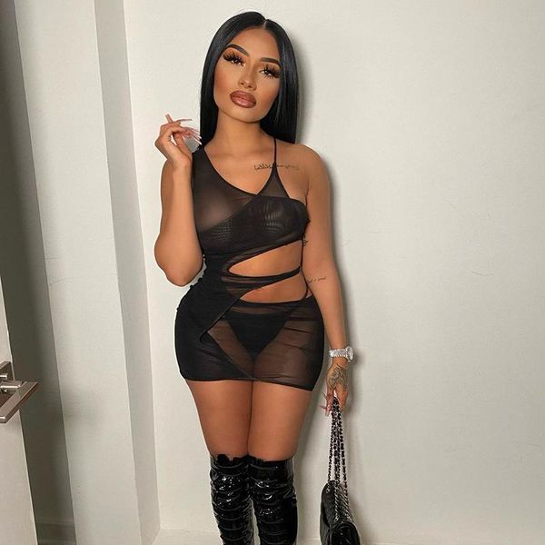

casual dresses 2021 summer dress women sheer mesh black brown mini see through hollow out bodycon night club party, Black;gray
