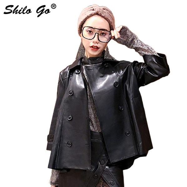 

women's jackets shilo go leather jacket womens spring fashion sheepskin genuine coat lapel collar double breasted casual loose, Black;brown