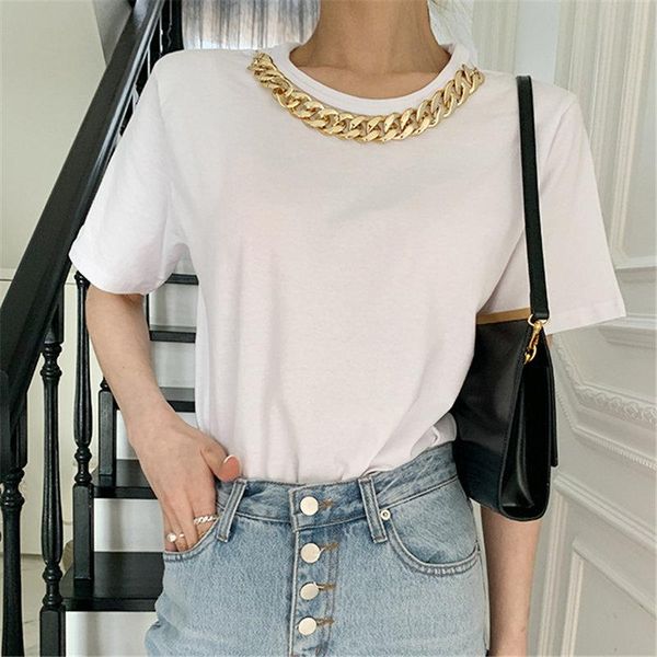 

women's t-shirt [ewq] summer loose high waist cotton solid brief chic short sleeves all match stylish femme t-shirts trendy women clot, White