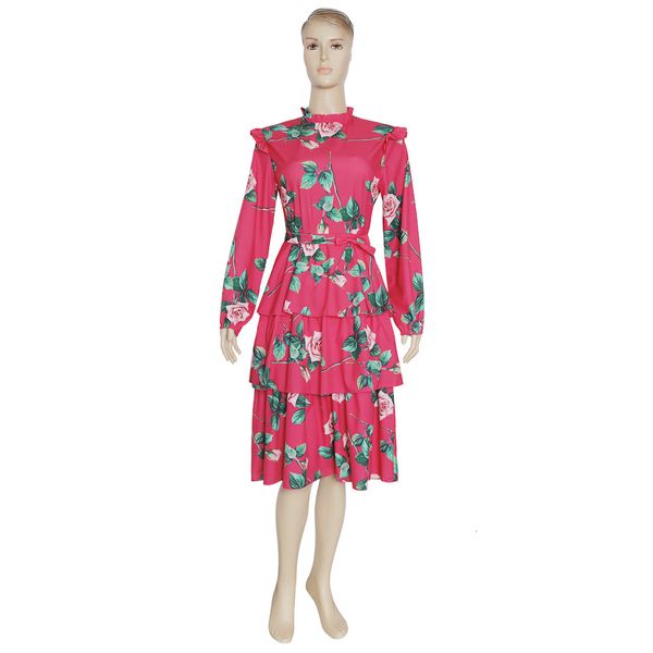 

dress women in floral printed cake plied waist high sleeves vintage spring summer fashion african dressed ladies njnt, Black;gray