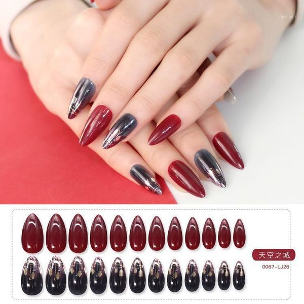 

press on nails long nail art tips fake artifical medium length1, Red;gold