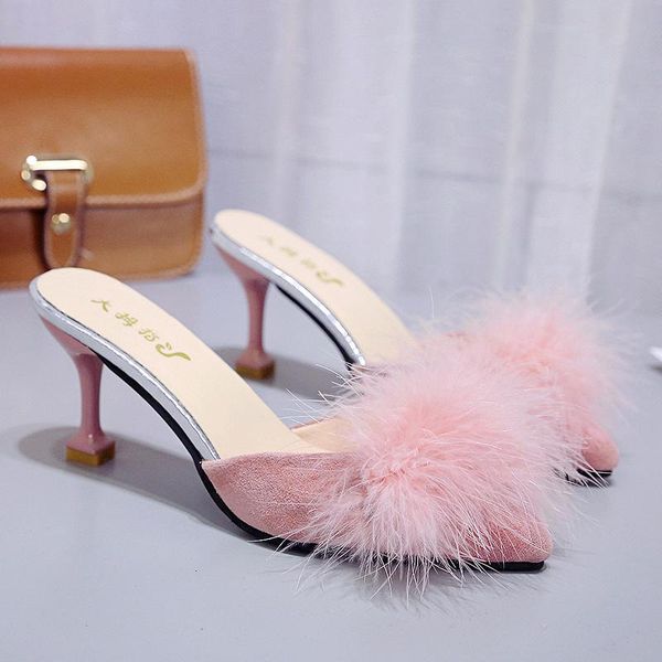 

large size 34-40 ladies slippers summer temperament pointed suede tassels baotou half drag high heels., Black