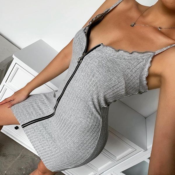 

front zip up low chest ruched dress 2021 women spaghetti strap bodycon party calub knitted rib vacation dresses fitness casual, Black;gray