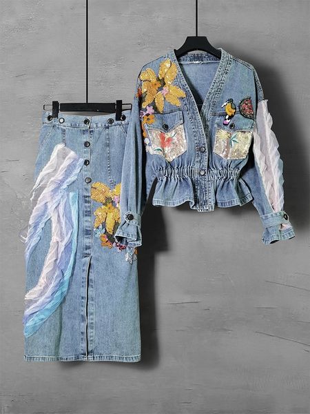 

two piece dress new women's spring splicing split skirt two-piece v-neck denim jacket suit edzz, White