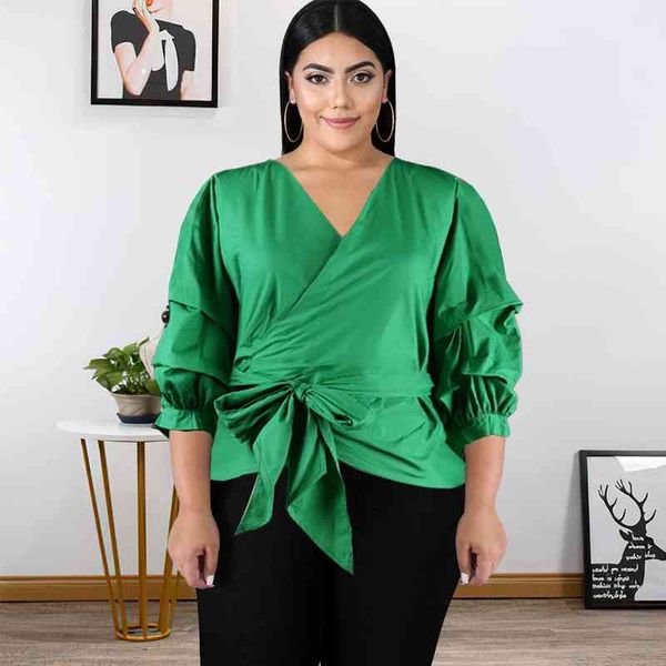 V Pescoço Camisas Mulheres Algodão Blusas Plus Size Tops Casuais com Cinto Sashes Puff Meios Mangas Famale Daily Moda Blusas XS-3XL 210527