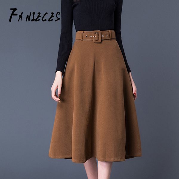 Kadınlar Sonbahar Kış Vintage Uzun Yün Etekler Kadın Yüksek Bel Yün A-Line Zarif Pileli Jupe Femme Falda 210520