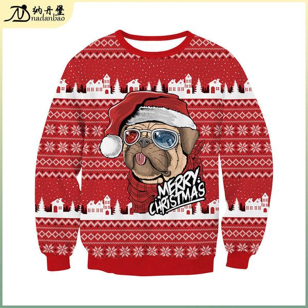 

2021 autumn christmas new christmas animal dog print round neck long sleeve sweater, Black