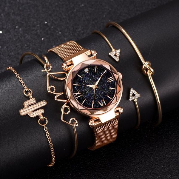 

wristwatches 5pcs /set luxury bracelet watches for women fashion rose gold magnetic women's dress clock female relogio feminino, Slivery;brown