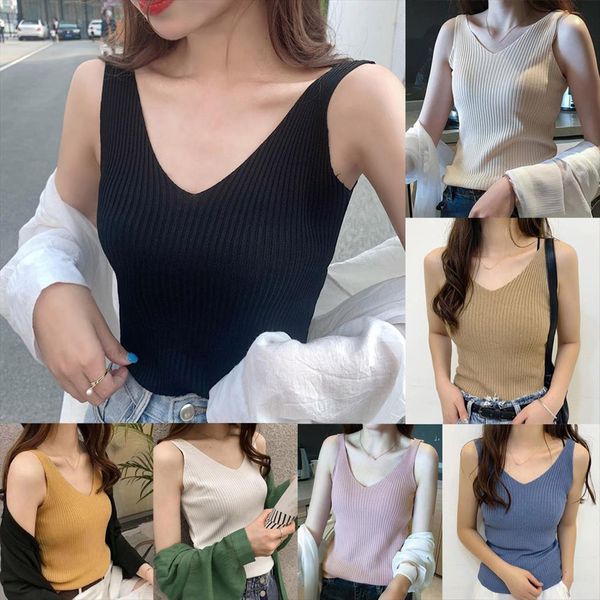 

casual ribbed white womens tank v neck knitted stretchy solid summer ropa mujer z0618