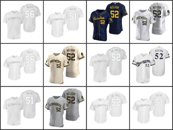 

milwaukee brewers men 56 aaron wilkerson wilky 52 jimmy nelson 51 freddy peralta kacike women youthjersey, Black;red