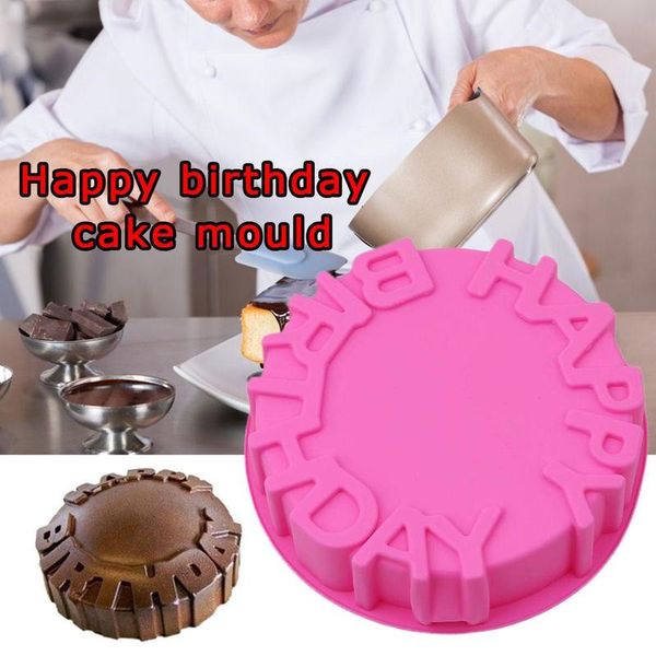 Silicone Feliz Aniversário Redondo Bolo Molde Pan Cozinha Torta Flan Cozimento Moldes Pão Molds Bolos De Decoração Tart Baking