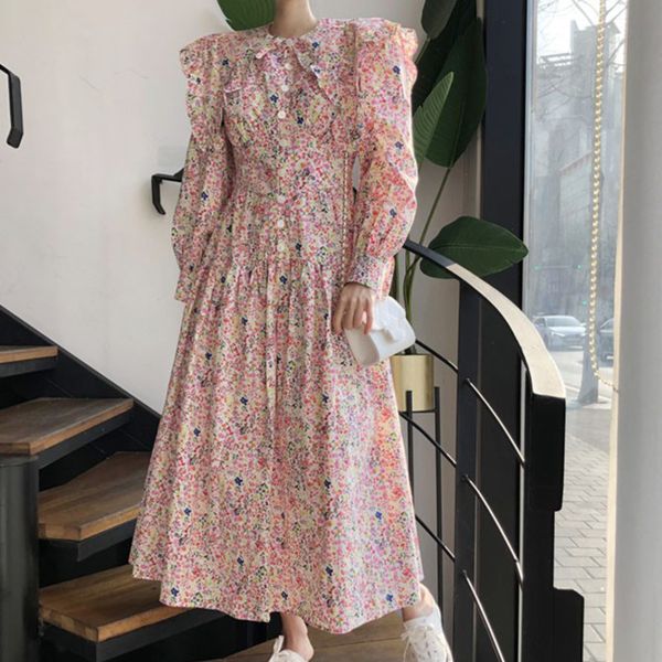

spring female casual turn down collar single breasted long sleeve over knee red panelled floral pleated dress 8p049 210510, Black;gray