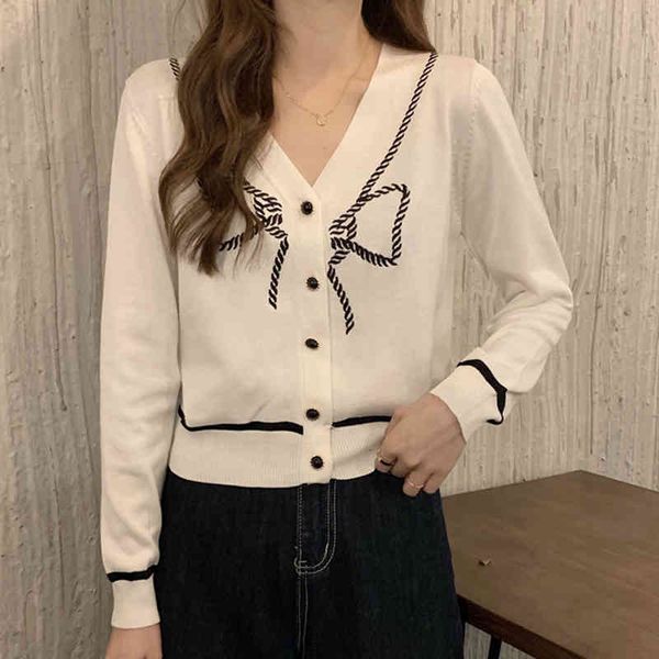 

women's knits & tees embroidery bow preppy style women cardigans short chic long sleeve slim female coat knitted sweater, White