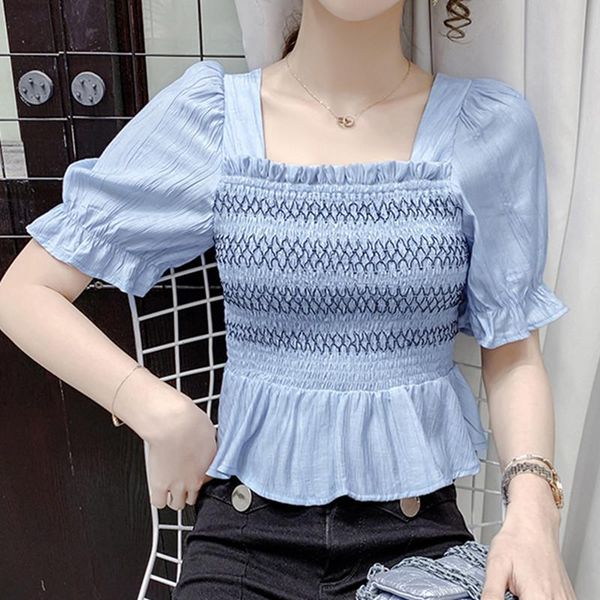 

women's blouses & shirts summer fashion office lady square collar waist ruffles print patchwork design pleated casual puff sleeve solid, White