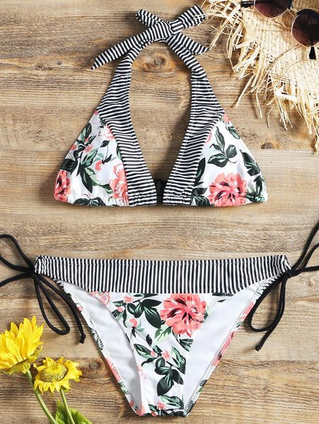 

print striped halter string ties bikini womens swimsuit two pieces swimwear women beach bathing suit biquini pads push up e117ing