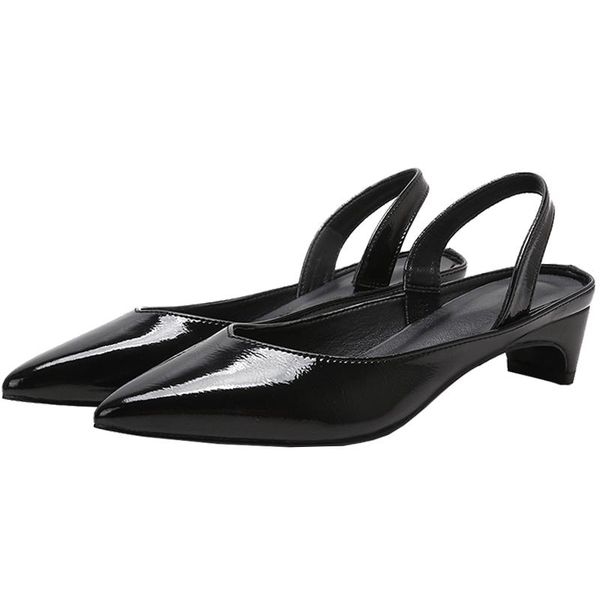 

dress shoes back strap pointed toe v mouth grandma low heel patent leather single women 2021 spring casual work, Black