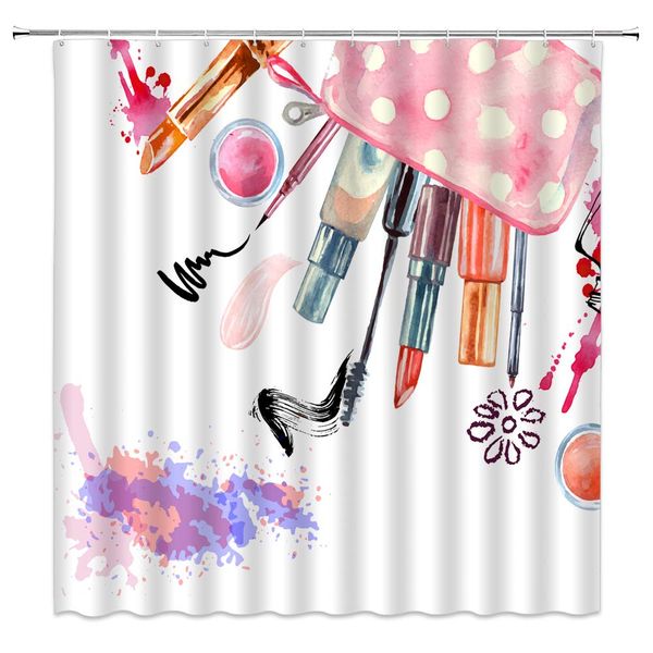 

pink girly products shower curtain watercolor cartoon lady's favorite makeup supplies,70x70 inch polyester fabric bathroom