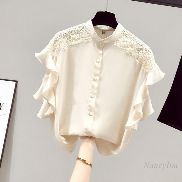 

women's blouses & shirts summer short sleeve shirt chiffon blouse clothing 2021 lace ruffled nancylim, White