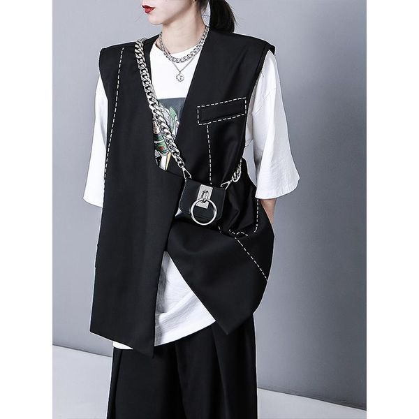 

women's vests 2021 spring dark black structure system hand stitched beard side shoulder pad loose suit vest women 0229, Black;white