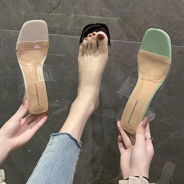 

shoes woman 2021 slippers summer square heel heeled mules jelly slides rubber flip flops fashion pantofle block soft high transp, Black