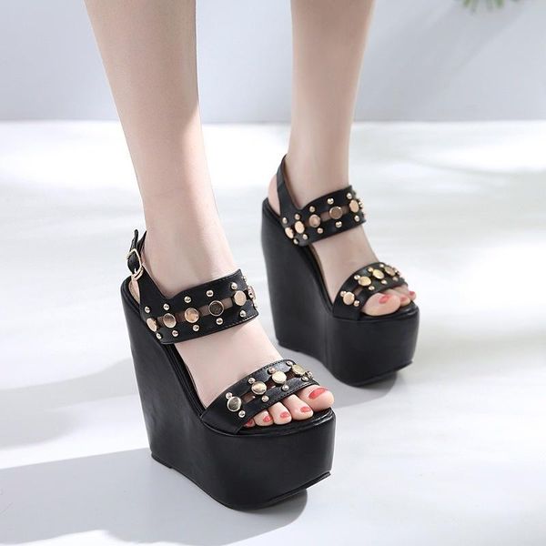 

sandals women's shoes platform trend rivet high heels wedges party summer, Black