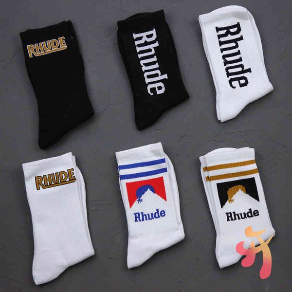 Rhude Simple Letter High Quality Algodão European American Street Trend Meias Masculinas e Femininas Rhude Couple In-Tube Meias