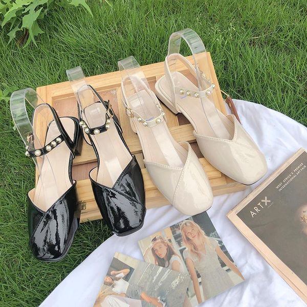 

sandals 2021 korean version of baotou women's square toe pearl one word buckle fashion all-match platform, Black