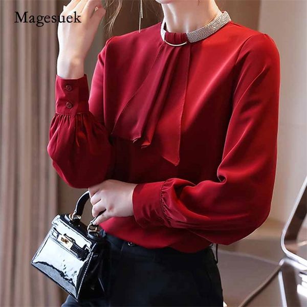

autumn elegant solid chiffon women's blouse o-neck long sleeve pullover spliced ladies shirt blusas mujer 10667 210518, White