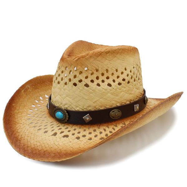 

cloches women men western cowboy hat withleather punk band handmade weave sombrero cowgirl size 58cm, Blue;gray