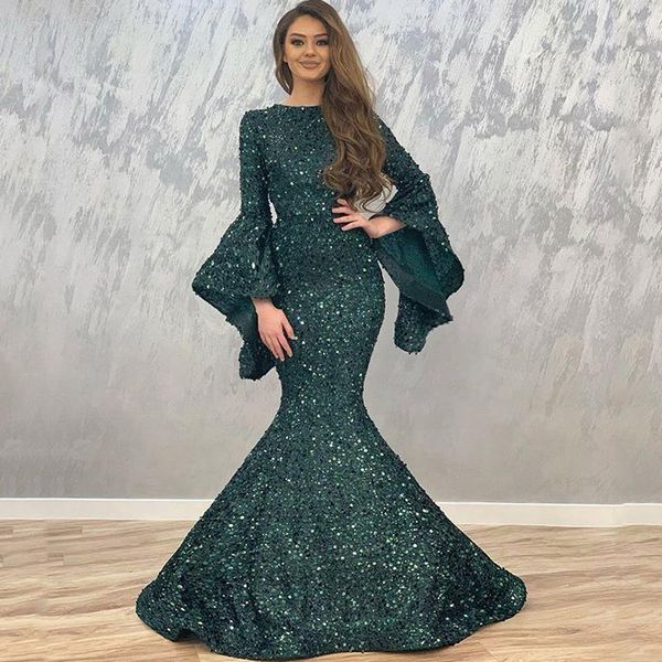 

dark green sequined mermaid evening dresses with puff long sleeves sweep train formal prom gowns vestidos de noche, Black;red