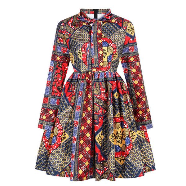 Baskı Kadın Elbise Afrika Dashiki Casual Kadın Elbiseler Etnik Bohemian Vintage Yüksek Bel Robe Seksi Eşarp Yaka Lolita Etek 210524