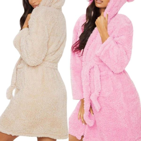 

women's sleepwear winter fluffy plush long bathrobe 2021 women cute cartoon animal bear ears hooded kimono solid color soft night robe, Black;red